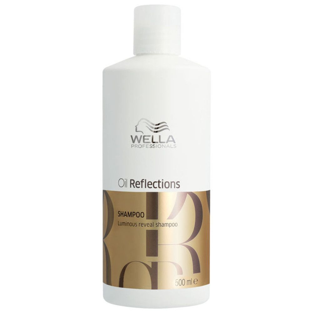 Witte fles Wella Oil Reflections shampoo. Gouden opdruk met productnaam en logo. 500 ml.