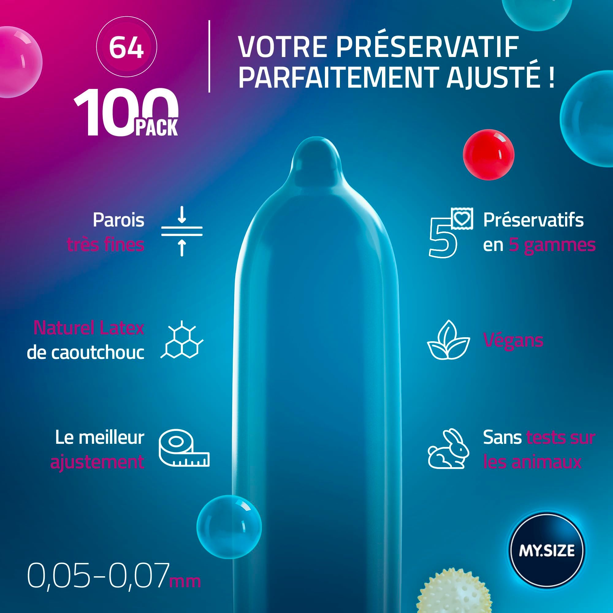 Pack de préservatifs bleus, 100 pièces, 64 pièces, épaisseur 0,05-0,07 mm, en latex de caoutchouc naturel, vegan, non testé sur les animaux.