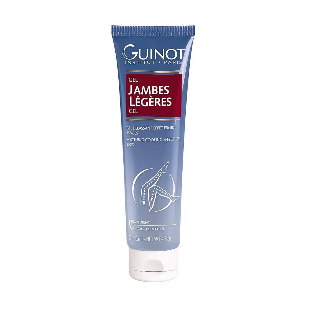 Blauw-witte tube met tekst. Guinot Institut Paris, Gel Jambes Légères. Bevat Arnica en Menthol. 125 ml.