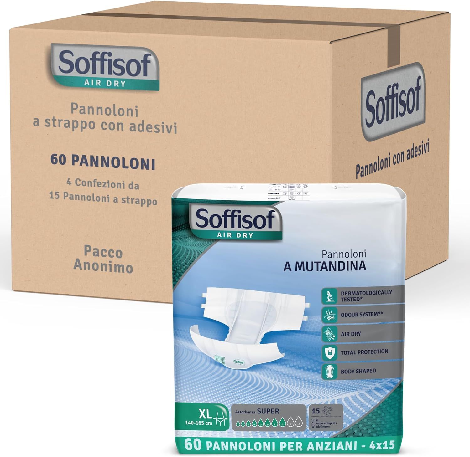 Soffisof Air Dry Super. Emballage de 60. Carton avec autres paquets. Inscription : Pannoloni a strappo con adesivi.