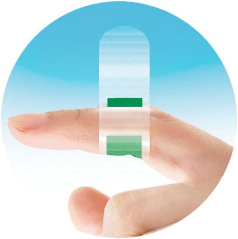 Doigt avec un pansement Haro à l'aloe vera. Le pansement est transparent et comporte une zone verte.