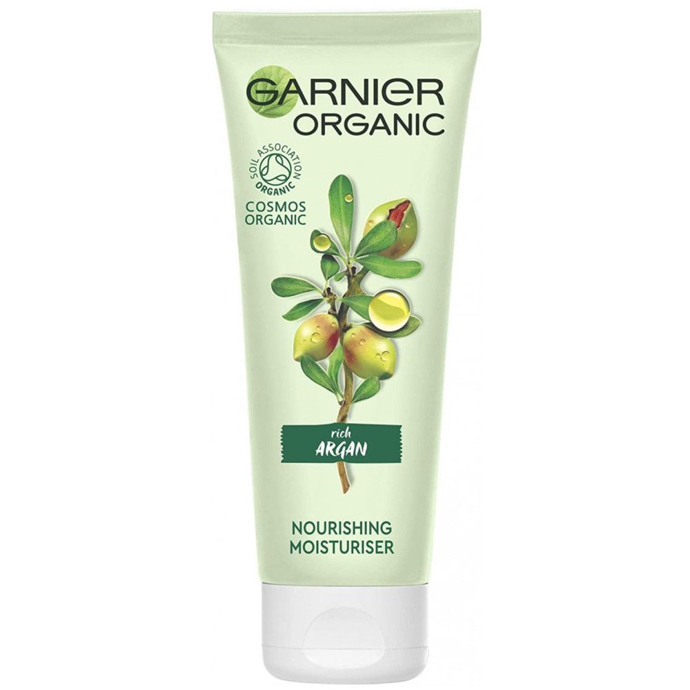 Garnier Organic crème tube met argan-motief. Tekst: Rich Argan, Nourishing Moisturiser. Cosmos Organic certificering.