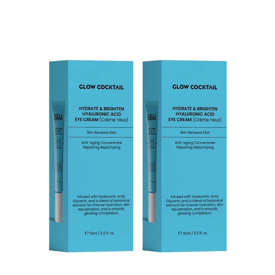 Twee blauwe dozen met tekst: GLOW COCKTAIL, HYDRATE & BRIGHTEN HYALURONIC ACID EYE CREAM. Een tube is zichtbaar.