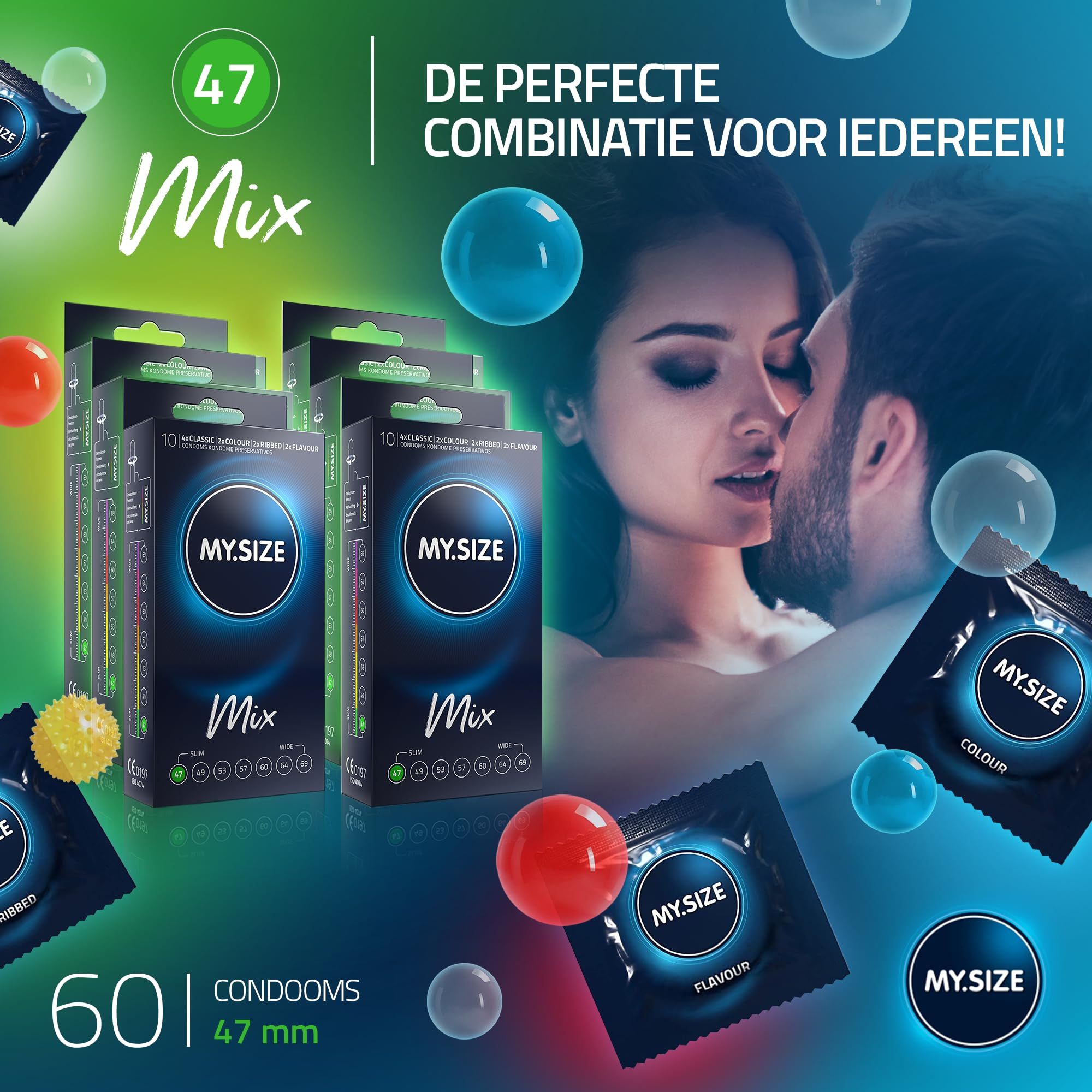 MY.SIZE 47 mm Mix condooms, 60 stuks. Meerdere verpakkingen en individuele sachets zichtbaar.