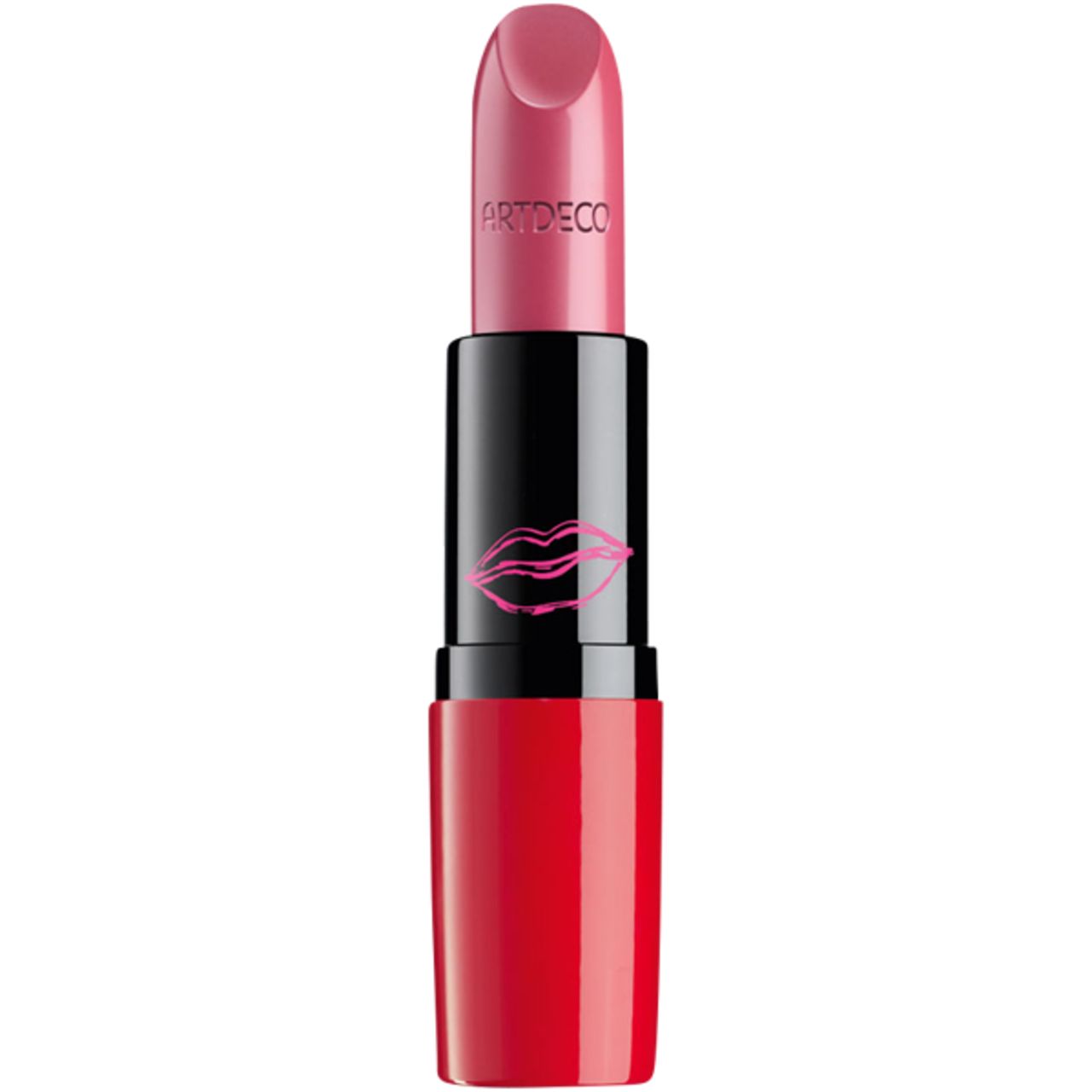 Roze lipstick met rode huls en zwart middendeel met lippenontwerp. Artdeco-opschrift.