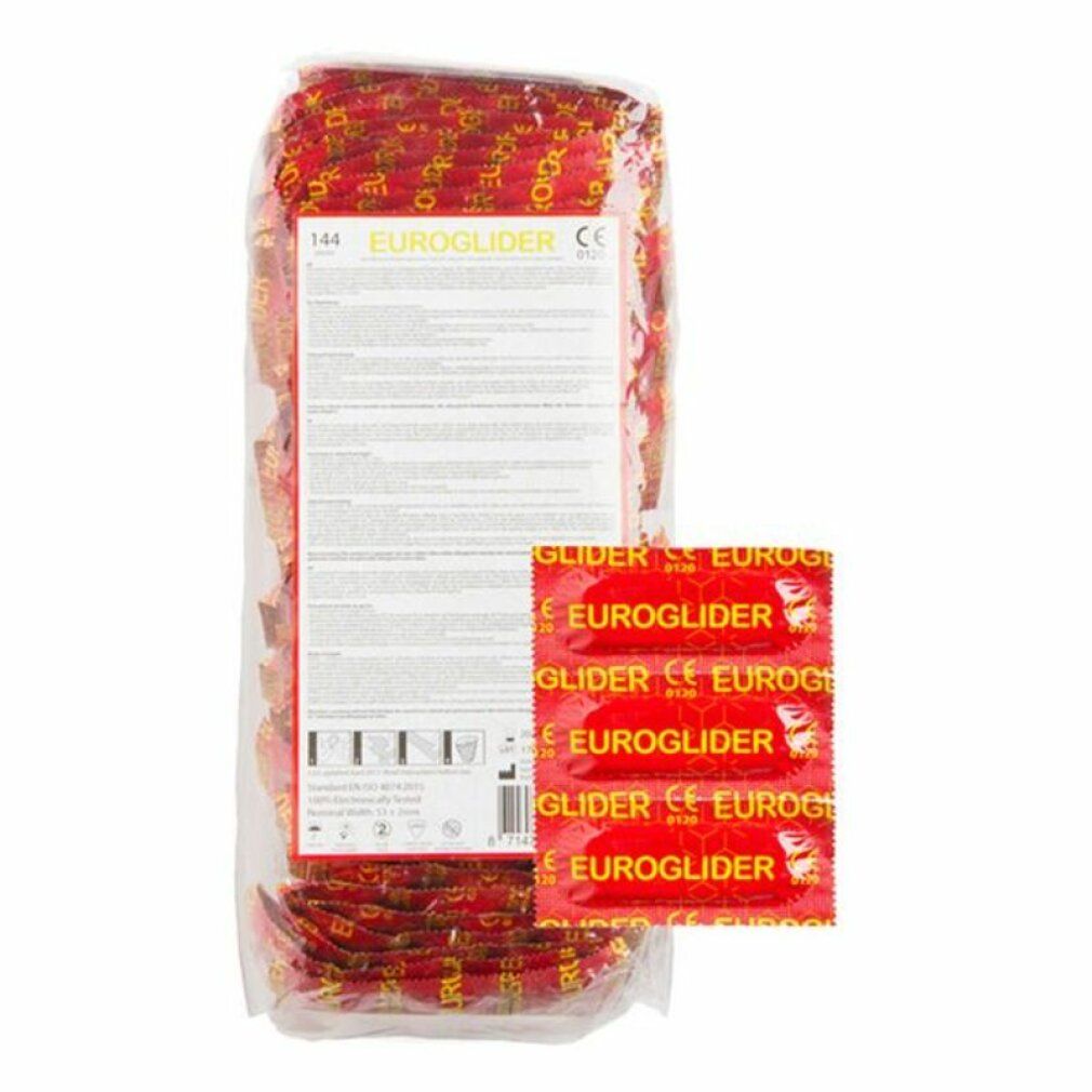Transparante verpakking met 144 Euroglider condooms. Individueel verpakte condooms in rode folie. Productnaam en CE-markering.