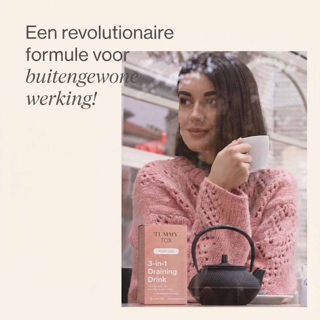 Vrouw drinkt thee naast een doos Tummy Tox 3-in-1 Draining Drink.