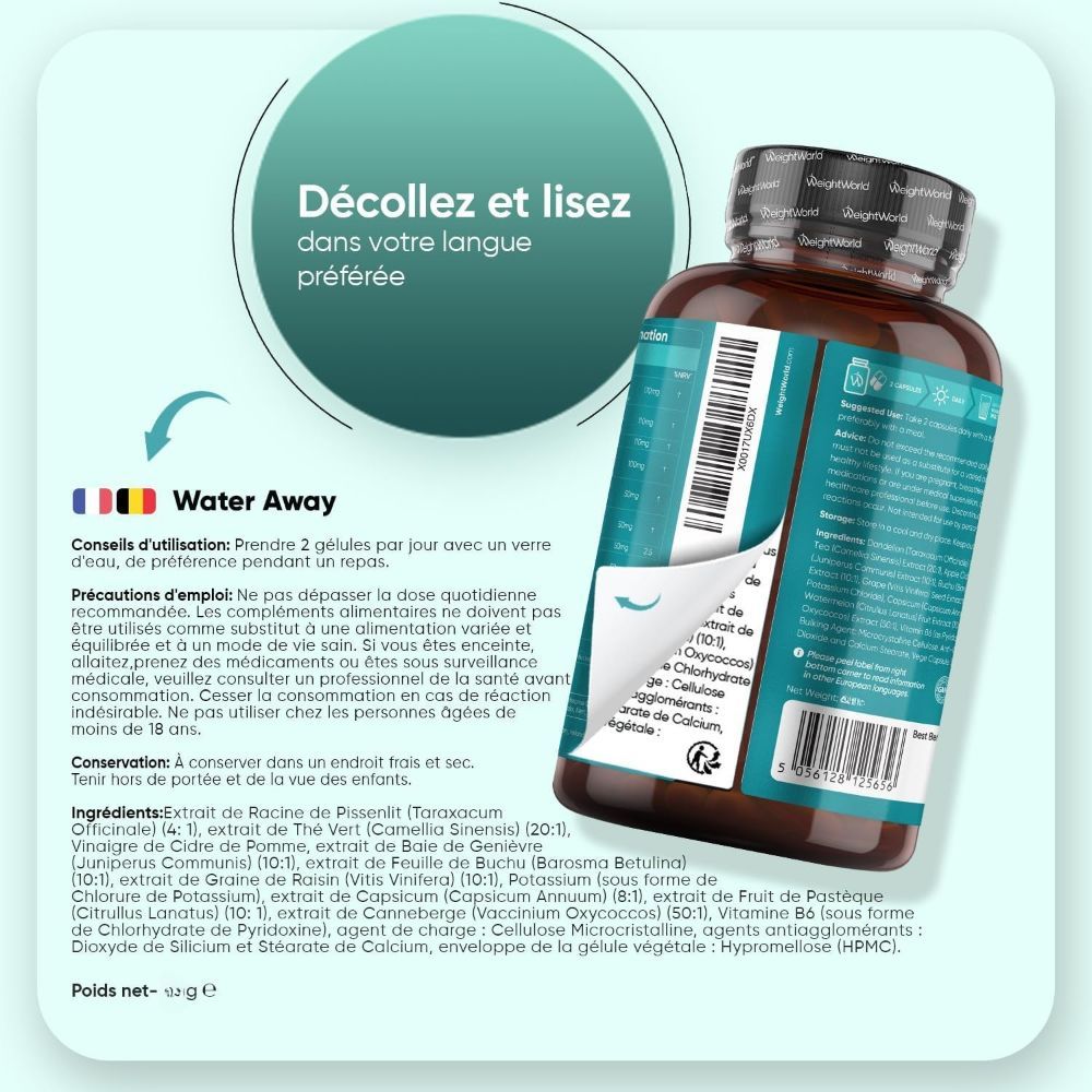 Flacon marron Water Away. Instructions en plusieurs langues. Ingrédients, utilisation, avertissements.