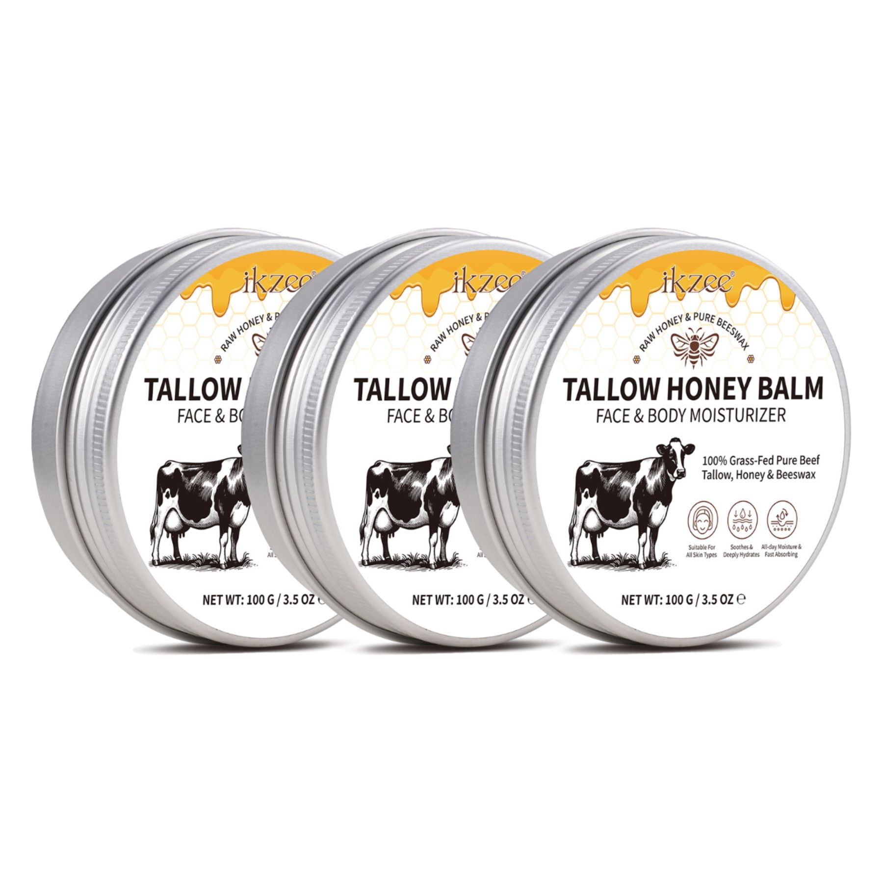 Trois pots de baume. Texte: Tallow Honey Balm, Face & Body Moisturizer. Texte: 100% Grass-Fed Pure Beef Tallow, Honey & Beeswax. 100g / 3.5 oz e.