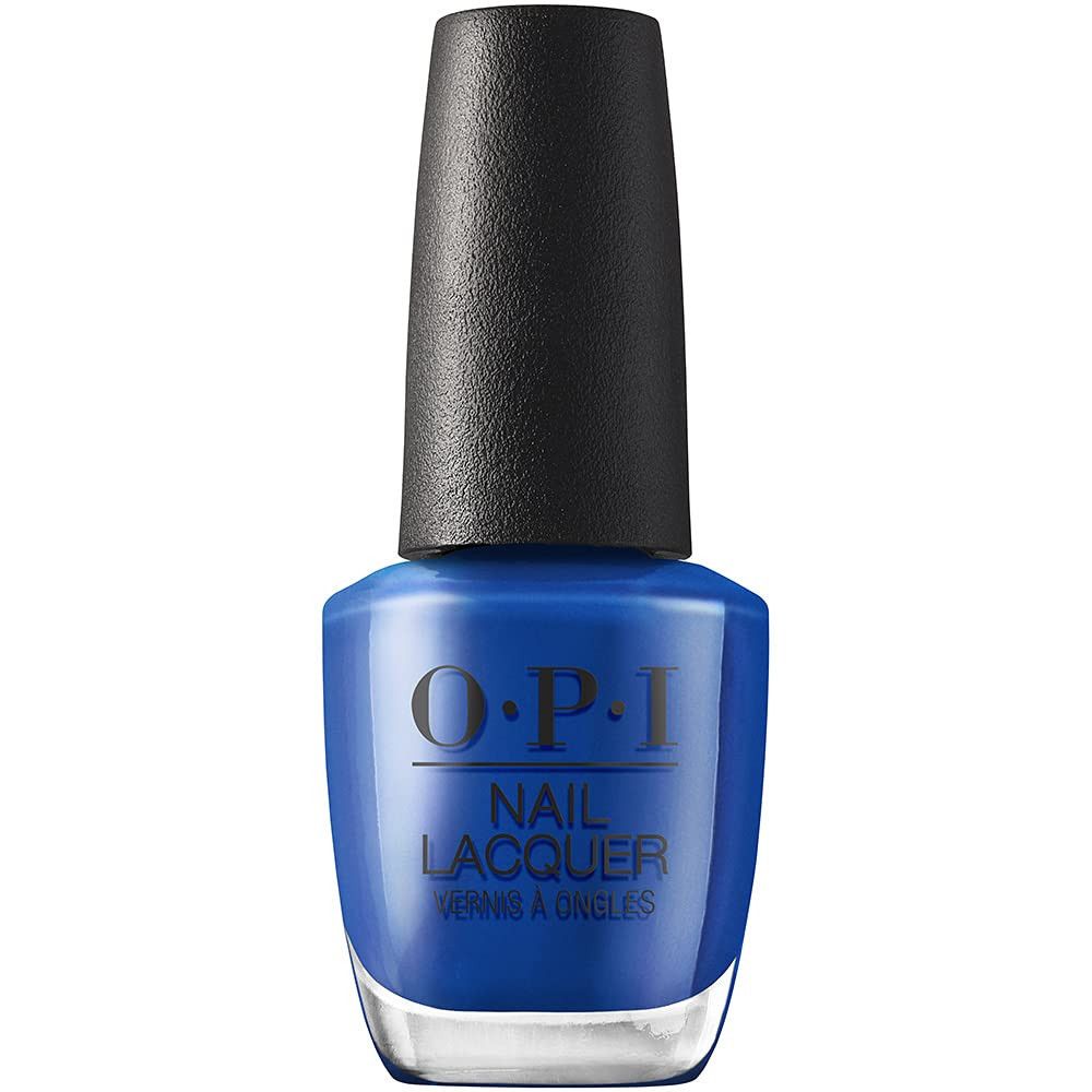 OPI nagellakfles. Blauwe nagellak met zwarte dop. OPI-logo en productnaam.
