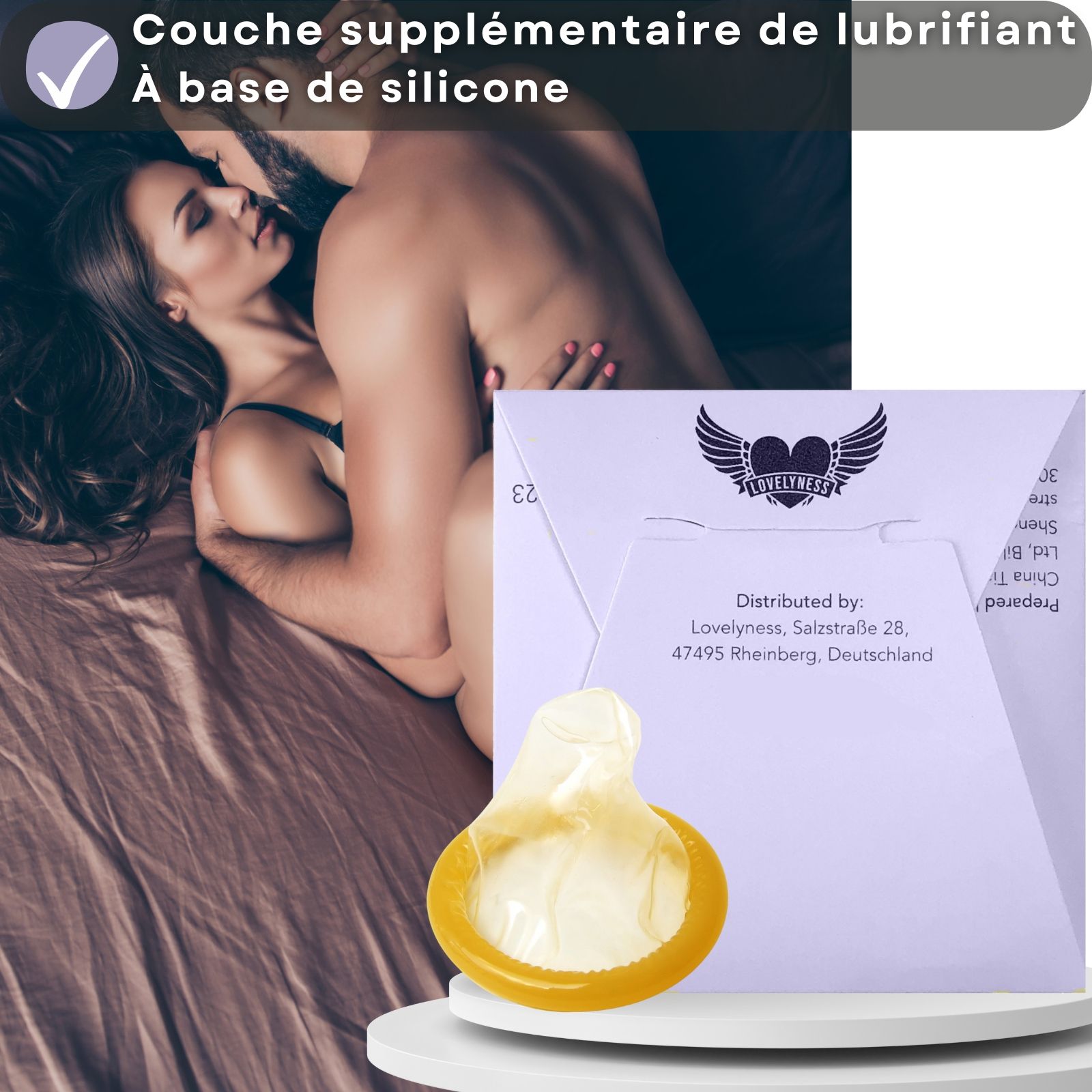 Préservatifs saveur myrtille. Lubrifiant supplémentaire à base de silicone.