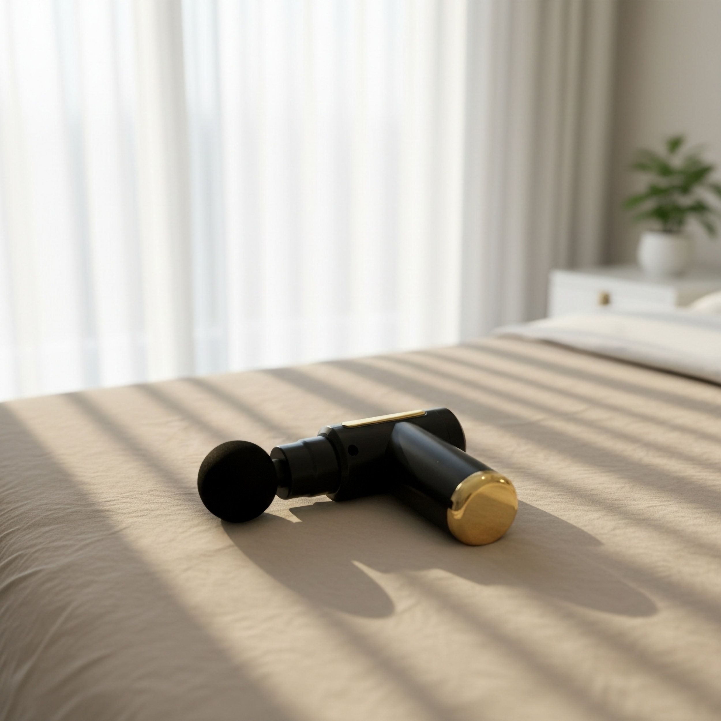 Appareil de massage noir avec des accents dorés posé sur un lit. Rideaux en arrière-plan.