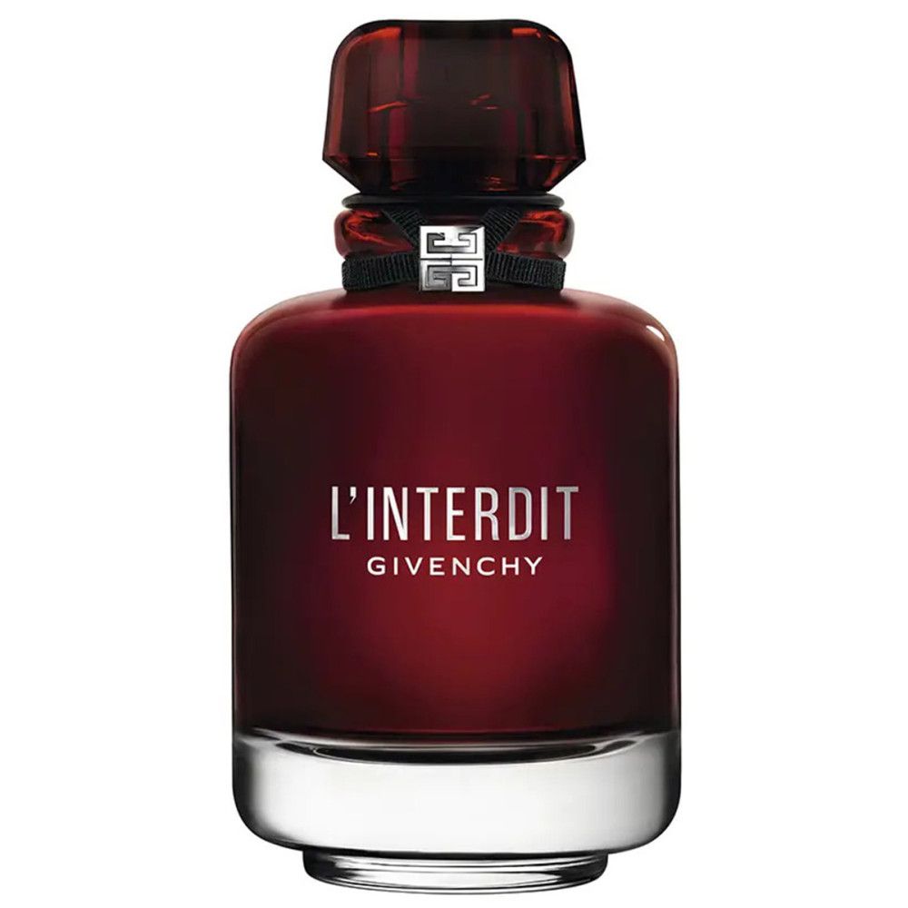 Rode fles. Opschrift: L'Interdit Givenchy. Zwart lint met zilveren logo. Transparante sluiting. Zilveren voet.