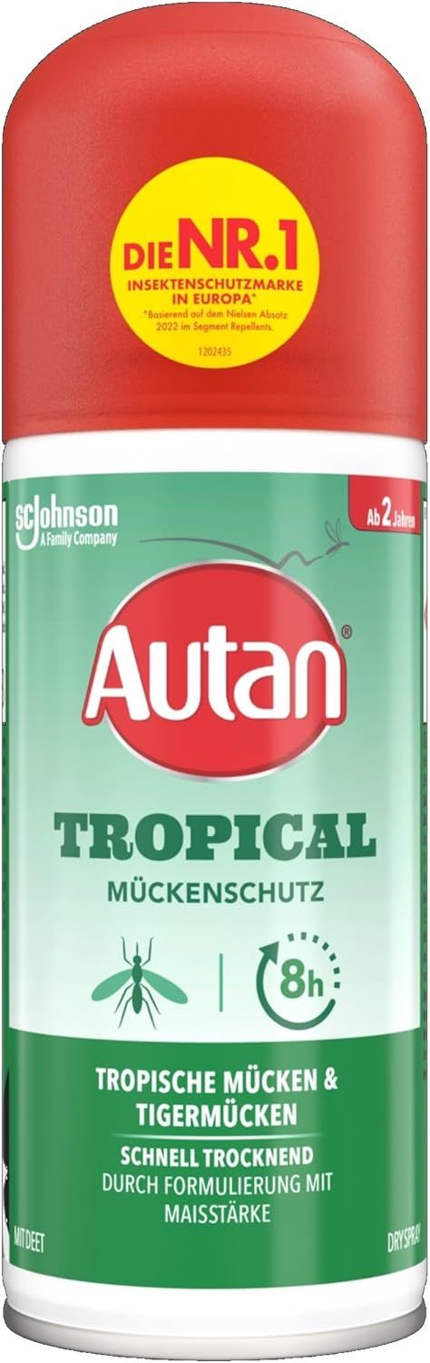 Autan Tropical Mückenschutz Dry Spray. Bouchon rouge, flacon vert. Texte: Moustiques tropicaux & tigres. Protection 8h. Avec DEET.