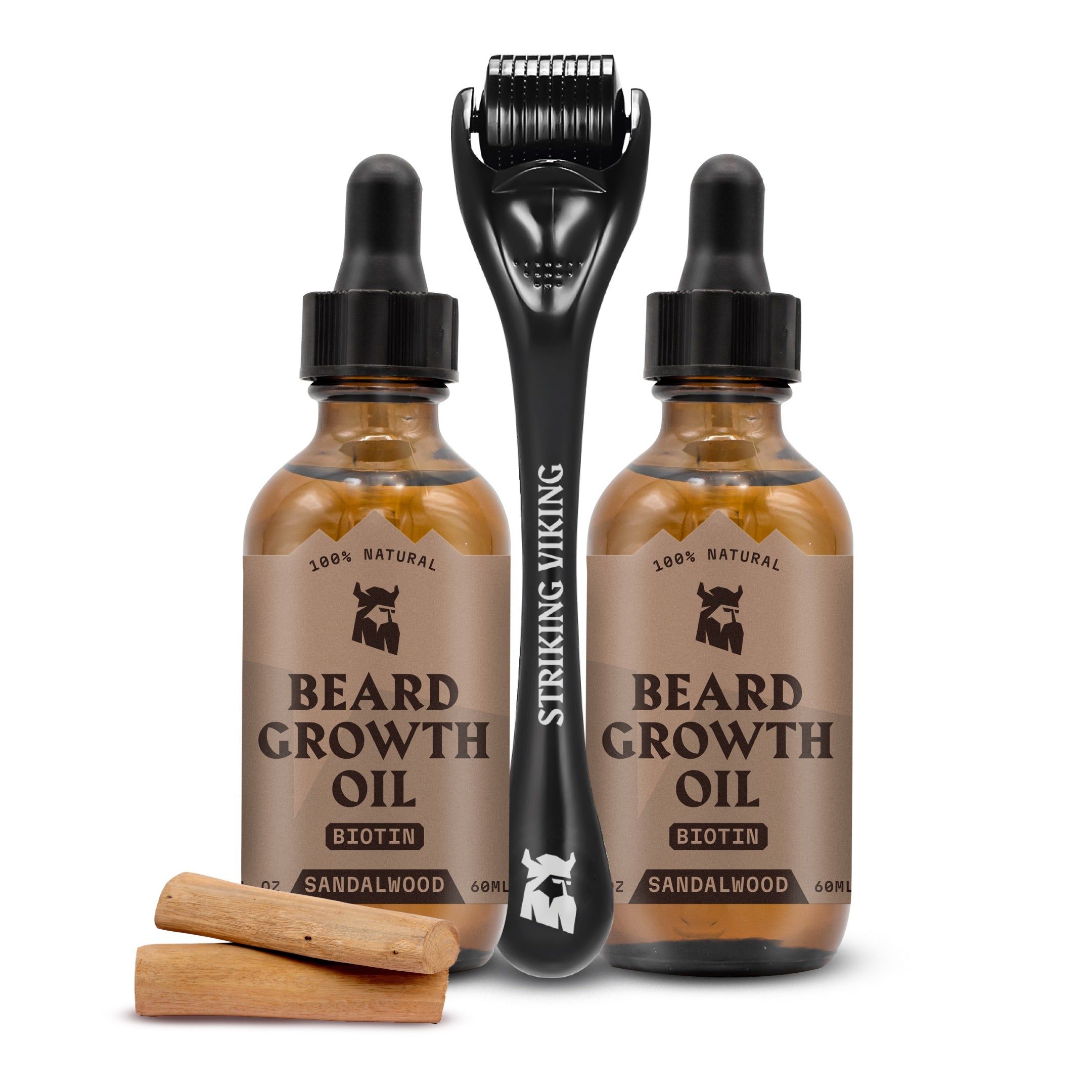 Striking Viking Baardgroeiolie 2-pack - Sandelhout + Derma Roller Bundel