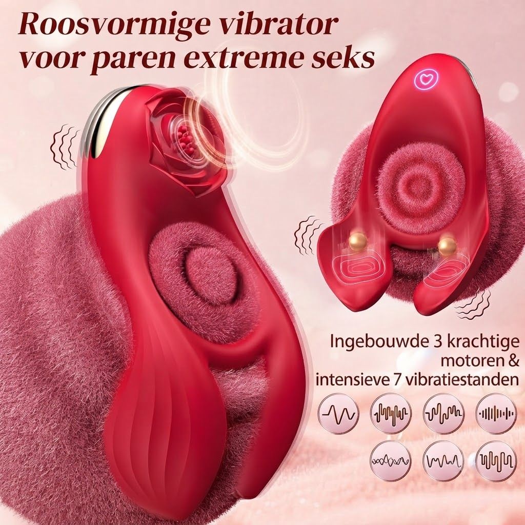 Rode vibrator met rozenontwerp en 3 motoren, 7 vibratiestanden.