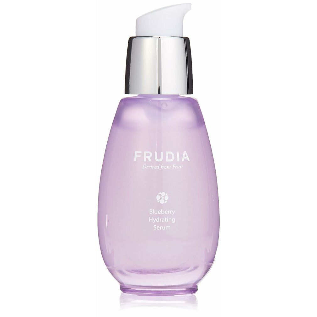 Paars glazen flesje met pompdos, FRUDIA Blueberry Hydrating Serum.