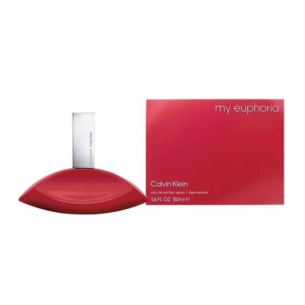 Flacon rouge et emballage. Flacon en forme de goutte avec bouchon argenté. Emballage avec inscription "my euphoria" et "Calvin Klein".