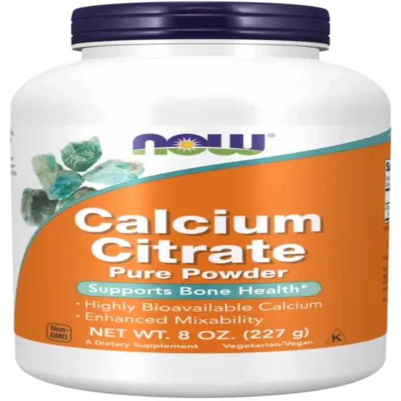Pot blanc avec couvercle bleu. Étiquette orange avec nom du produit et marque. Contient de la poudre de citrate de calcium. Végétalien.