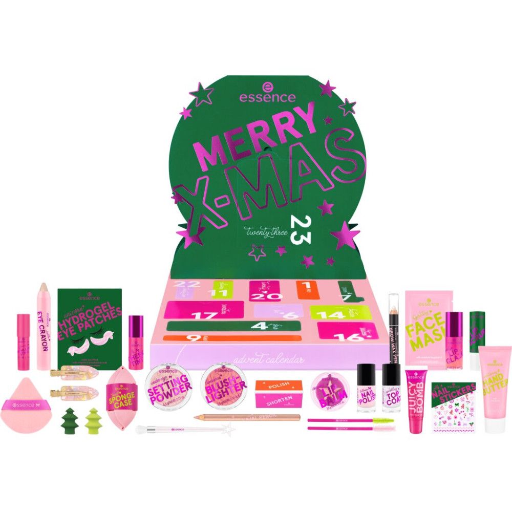 Adventskalender met cosmetica. Groen-roze design met 'Merry X-Mas'. 23 vakjes.