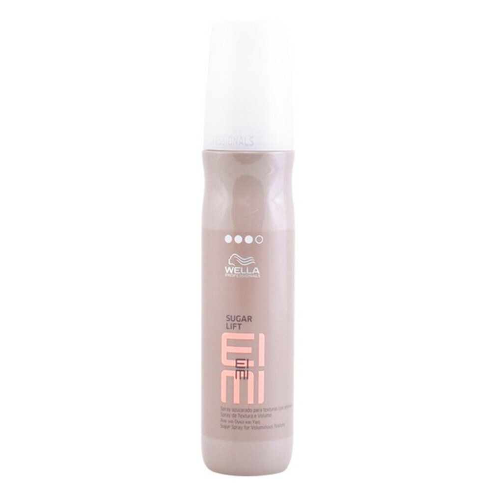 Flacon de spray capillaire avec bouchon blanc. Inscription : Wella Eimi Sugar Lift. Couleurs rose et gris.