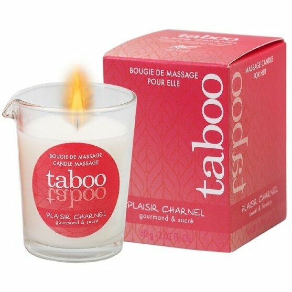 Bougie allumée dans un récipient en verre à côté de l'emballage du produit. Design rouge.