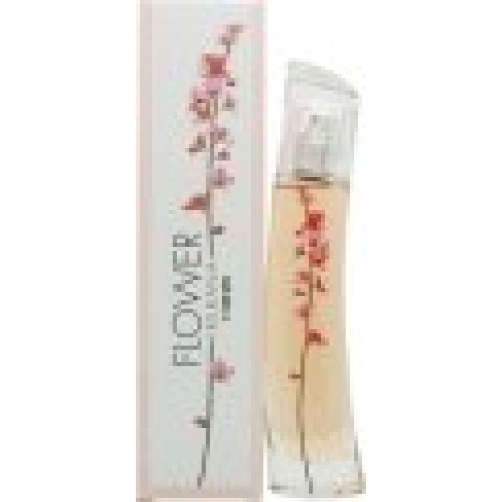 Parfumfles en verpakking. Opschrift: Flower Ikebana by Kenzo. Fles met bloemmotief, roze vloeistof.