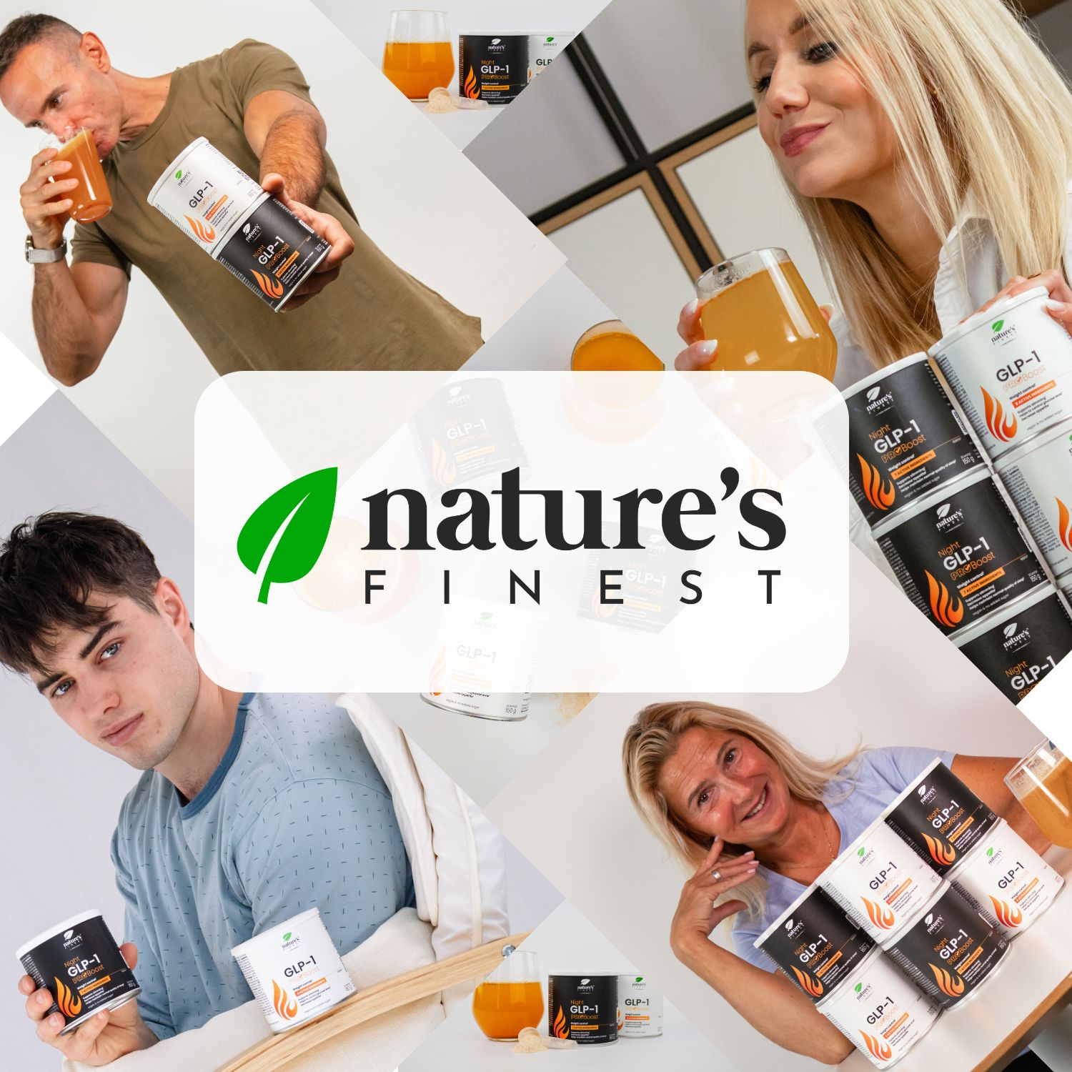 Collage de personnes buvant des boissons et tenant des boîtes de Night GLP-1 ProBoost. Logo Nature's Finest.