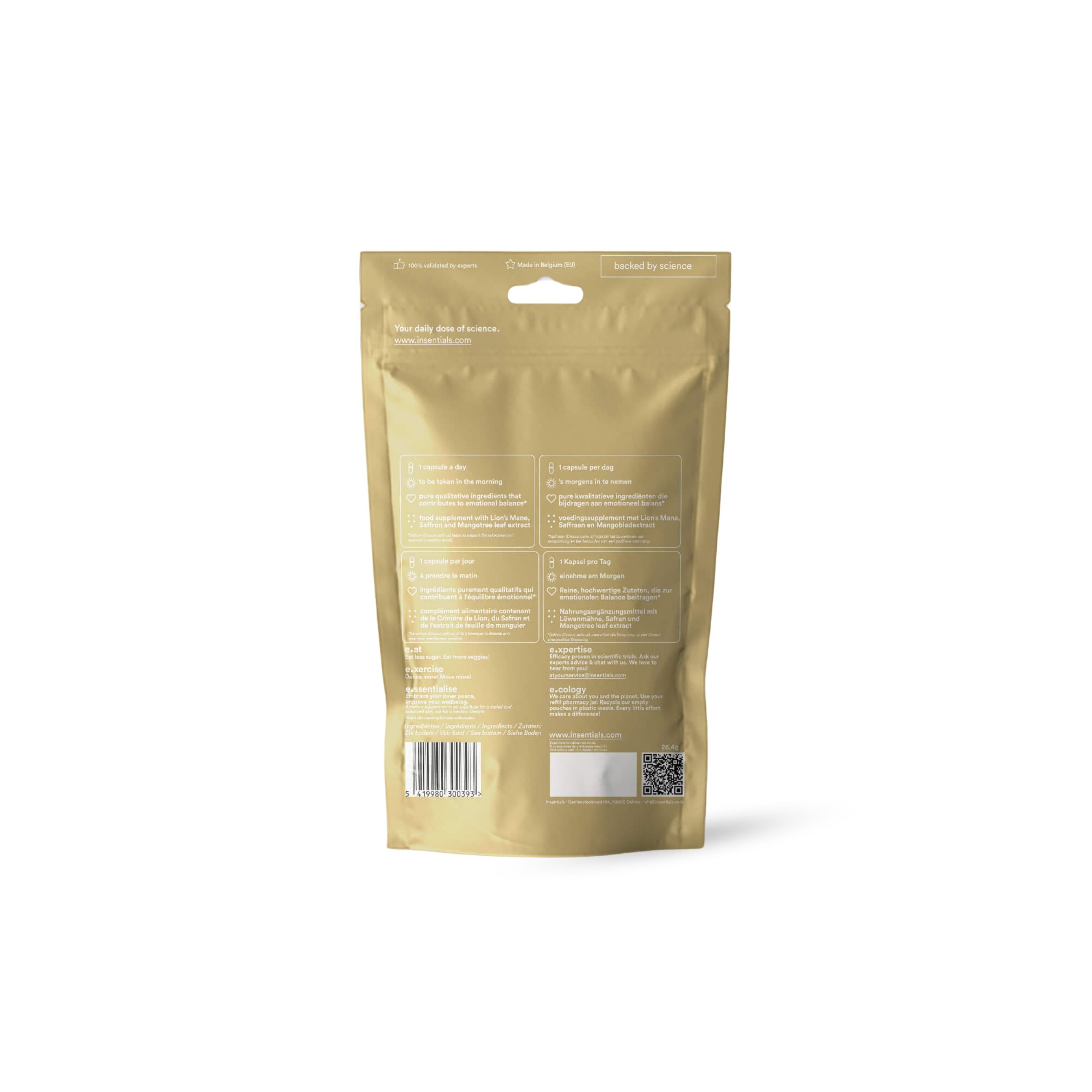 Achterkant van het zakje NRM3+. Goudkleurige verpakking met tekst en barcode. Productinformatie.