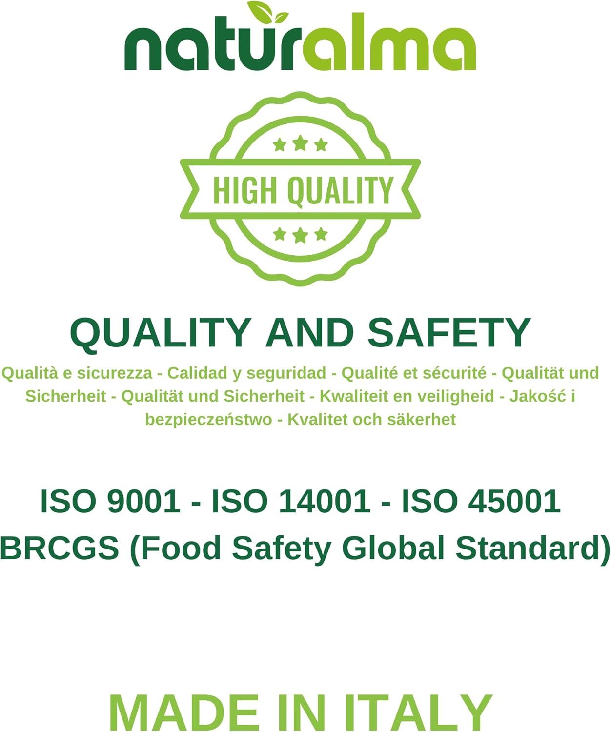 Texte avec le logo Naturalma et l'affirmation "HIGH QUALITY". Contient des informations sur la qualité et la sécurité, ainsi que des certifications telles que ISO 9001.