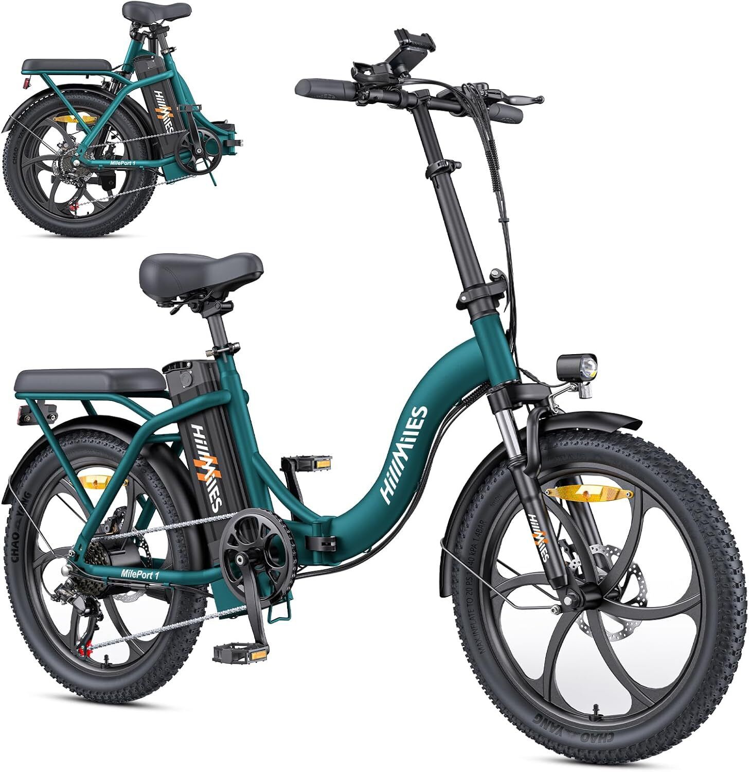 Groene opvouwbare e-bike met zwart zadel en banden. Opschrift Hillmiles. Extra afbeelding op de achtergrond.