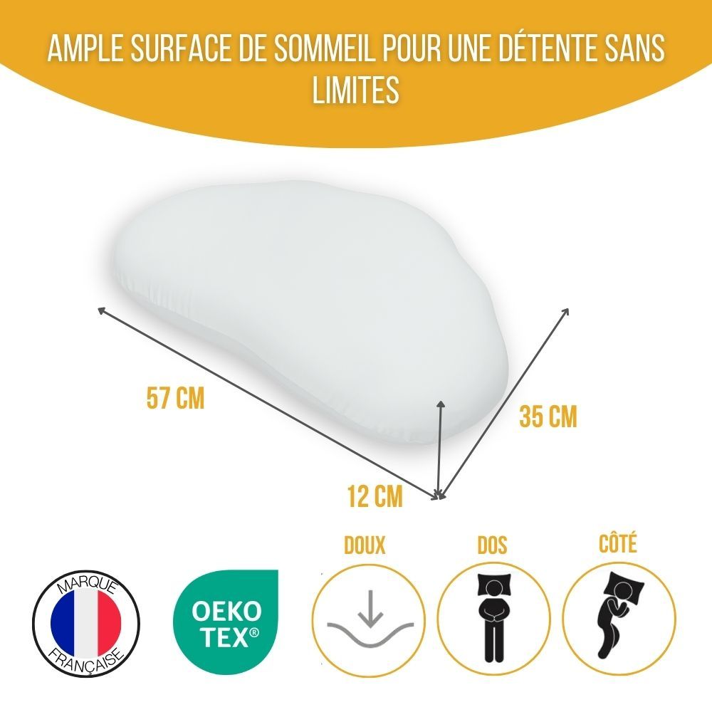Oreiller blanc avec dimensions. 57x35x12 cm. Doux, dormeurs sur le dos et sur le côté. Label Oeko-Tex.