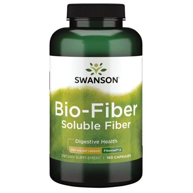 Flacon vert avec étiquette blanche. Inscription: SWANSON Bio-Fiber, fibres solubles. 750 mg par capsule, 180 capsules.