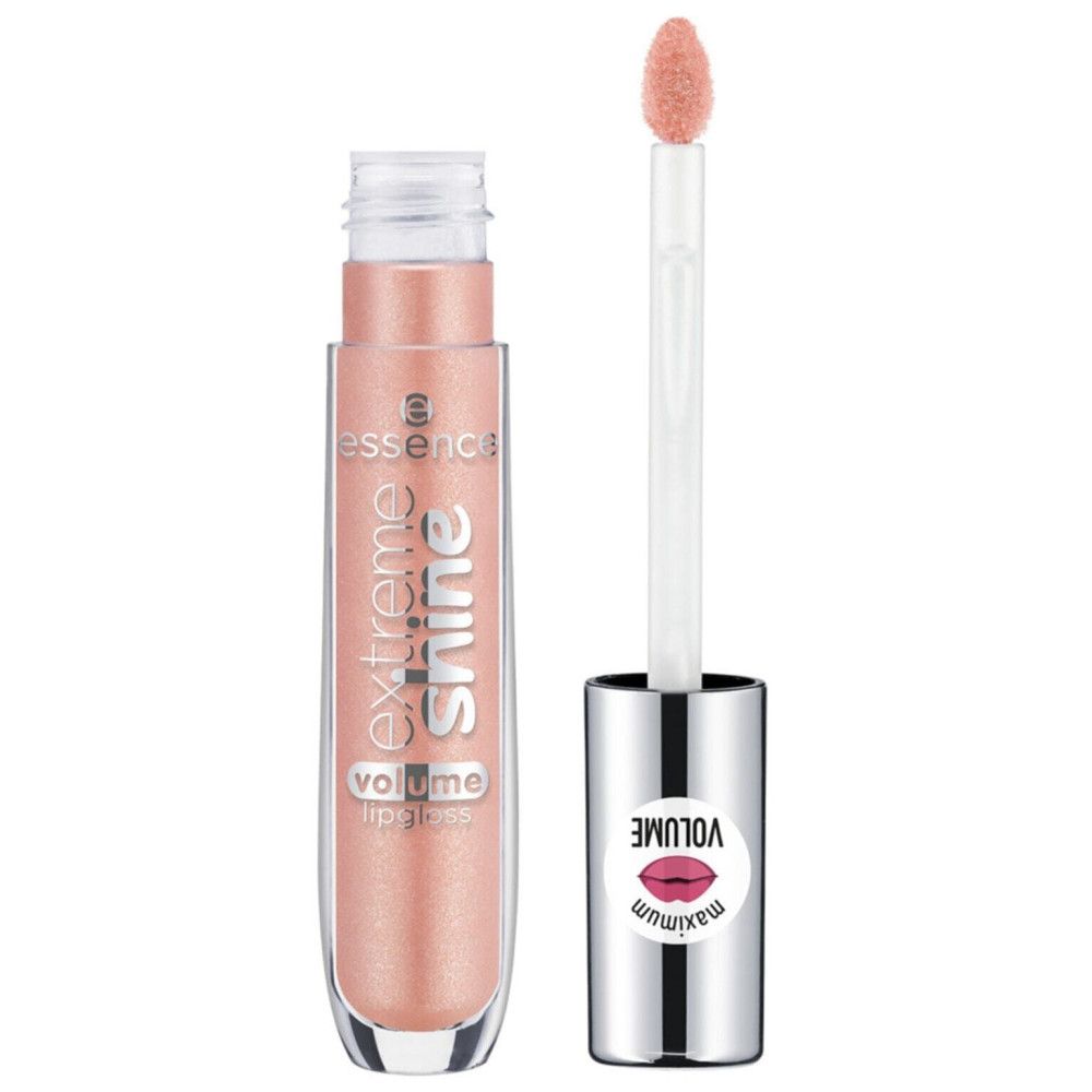 Lipgloss tube met open dop en applicator. Opschrift: "essence extreme shine volume lipgloss". Sticker met lippen-symbool en "maximum volume".