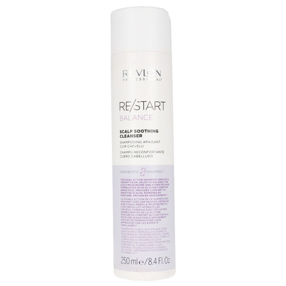 Witte en paarse shampoo fles. Tekst: Revlon, Re/Start Balance, Scalp Soothing Cleanser. 250 ml.