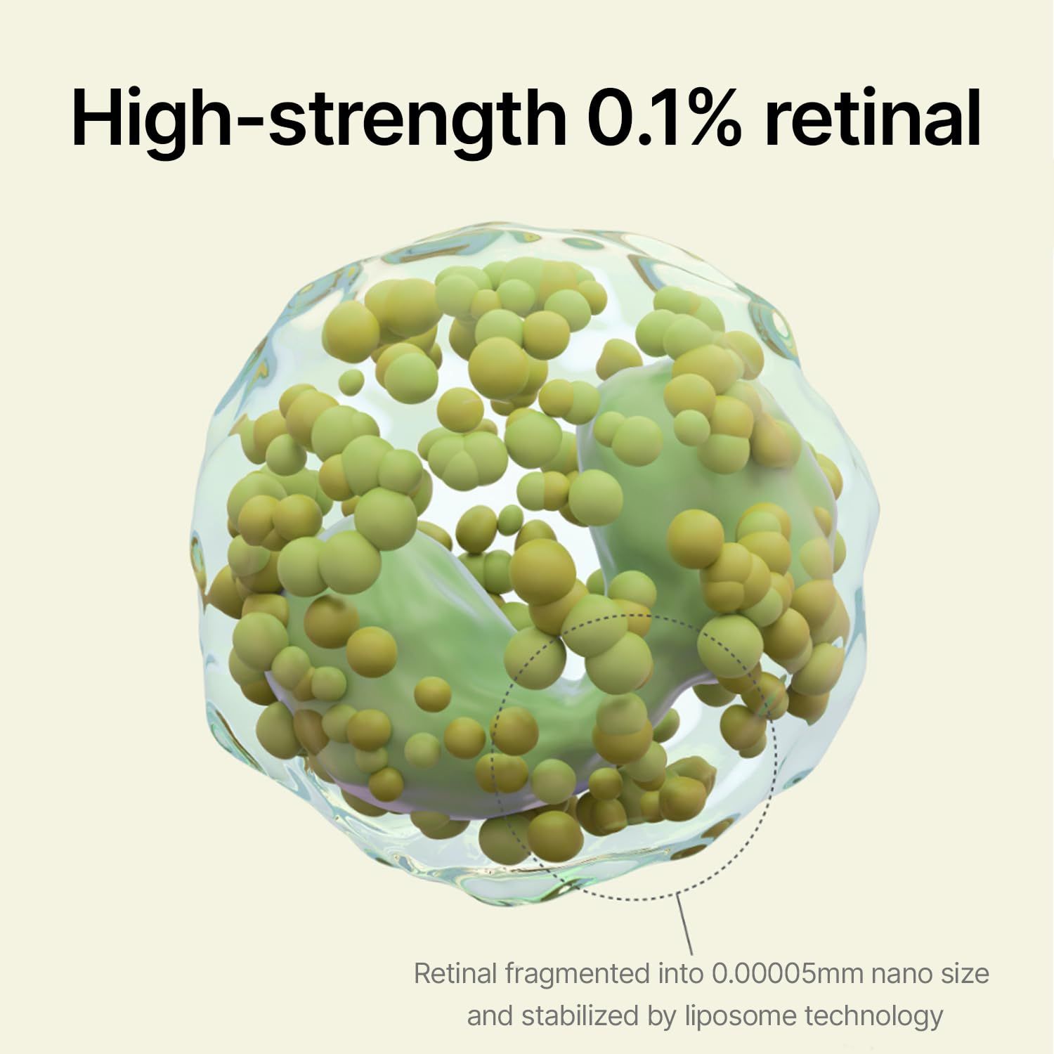 Close-up van een cel met retinaldeeltjes. Tekst: High-strength 0,1% retinal. Gestabiliseerd door liposomentechnologie.