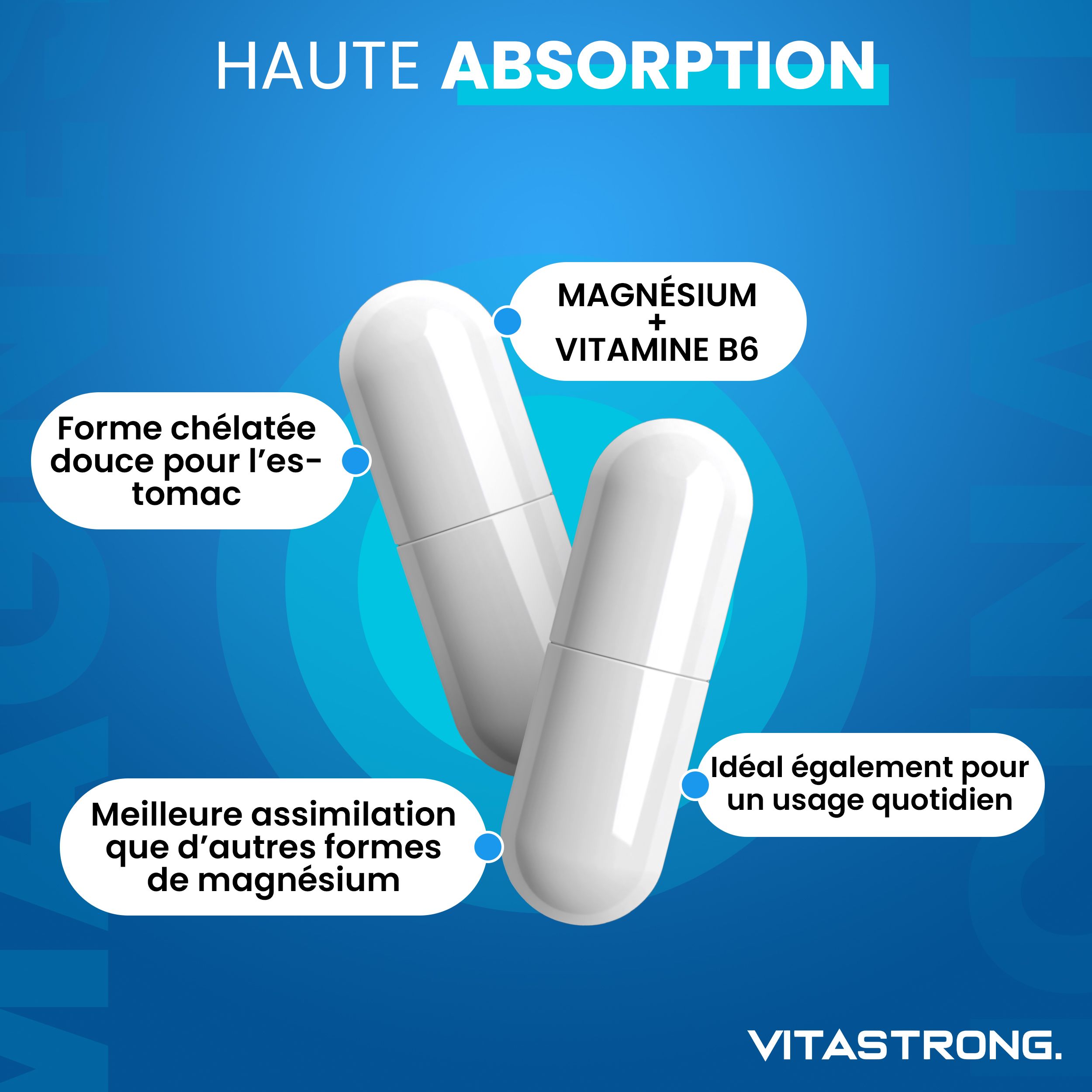 Twee witte capsules. Tekst: Magnesium + Vitamine B6. Gecheleerd, zacht voor de maag. Betere opname.