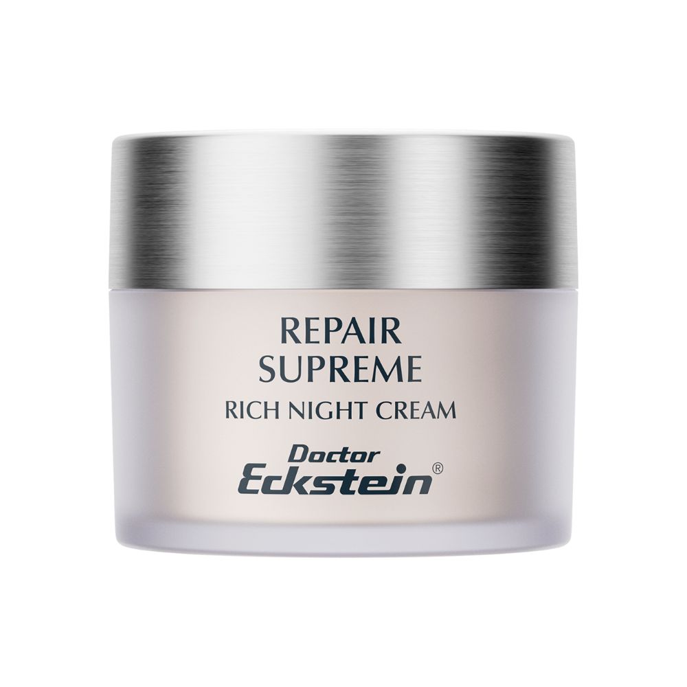 Pot de crème avec couvercle argenté. Inscription: Repair Supreme Rich Night Cream. Marque: Doctor Eckstein.
