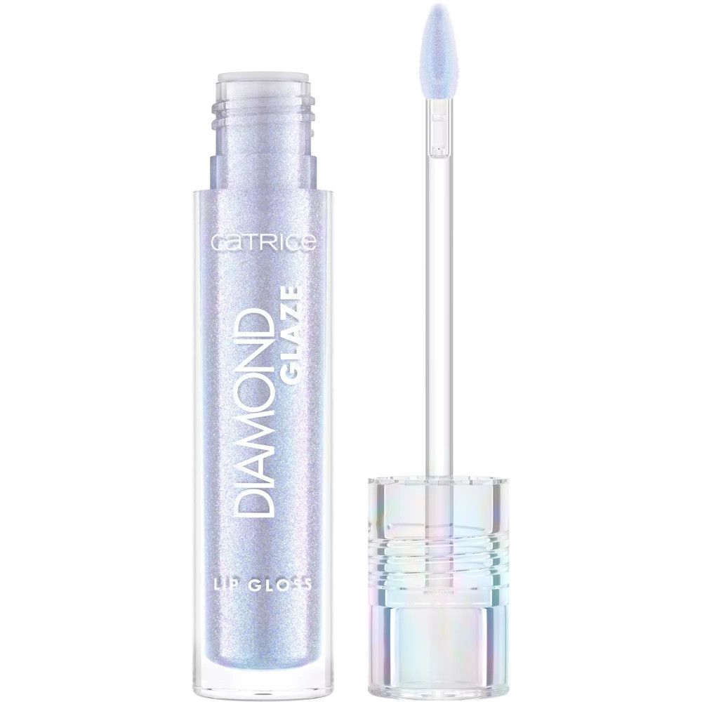 Lipgloss in transparante fles met applicator. Opschrift: DIAMOND GLAZE LIP GLOSS. De applicator is eruit getrokken.