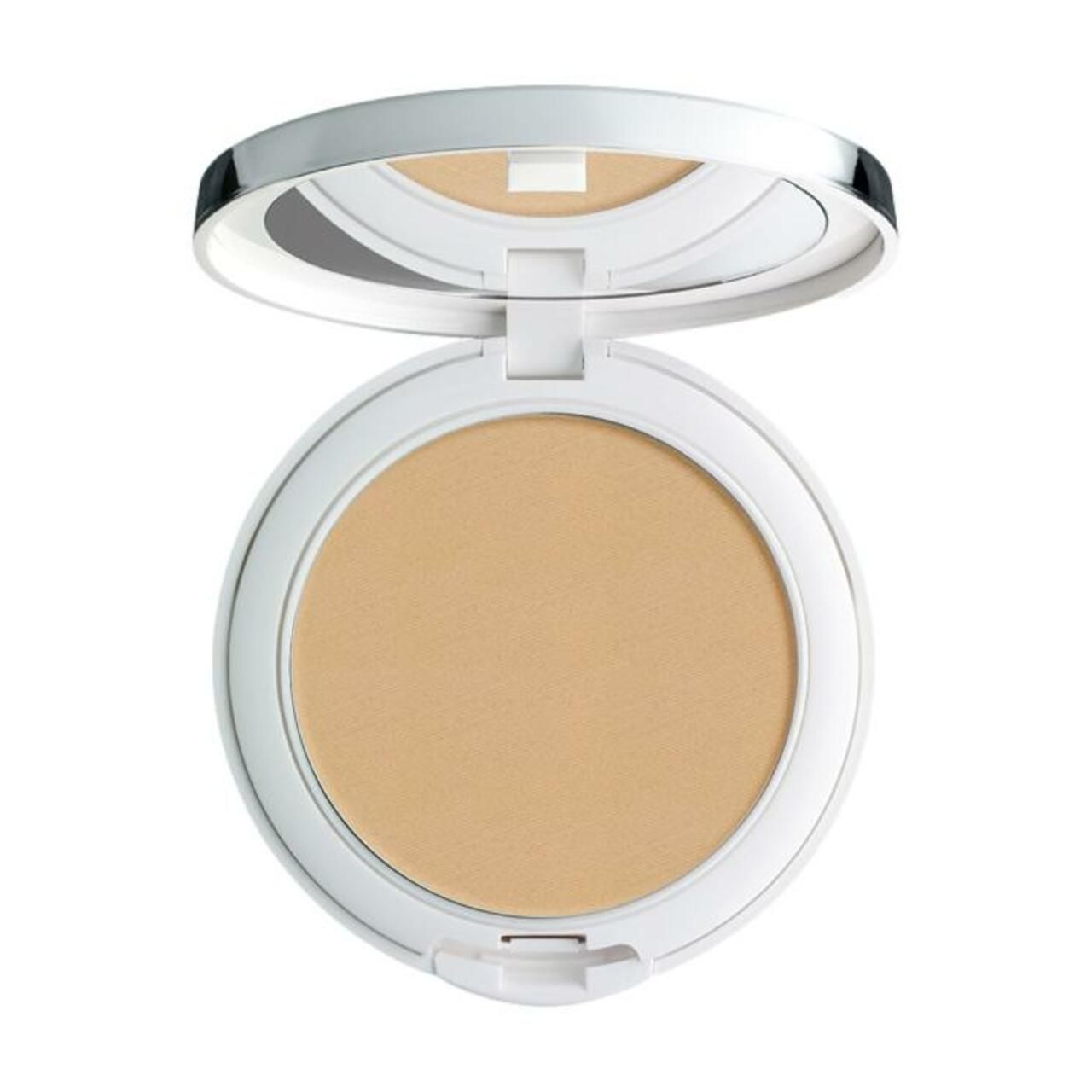 Witte poederdoos met spiegel, open. Beige crème foundation zichtbaar.