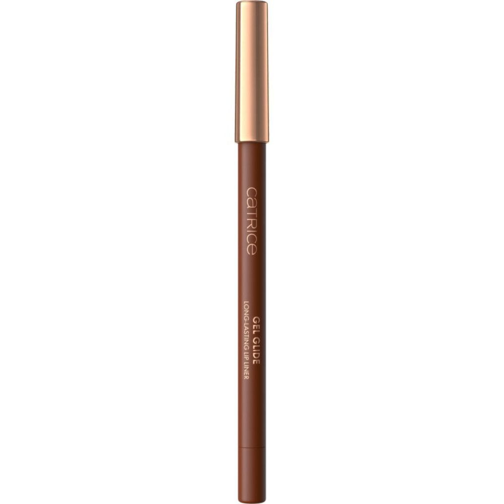 Crayon contour des lèvres brun avec capuchon doré. Inscription: Catrice, Gel Glide Long-lasting Lip Liner.