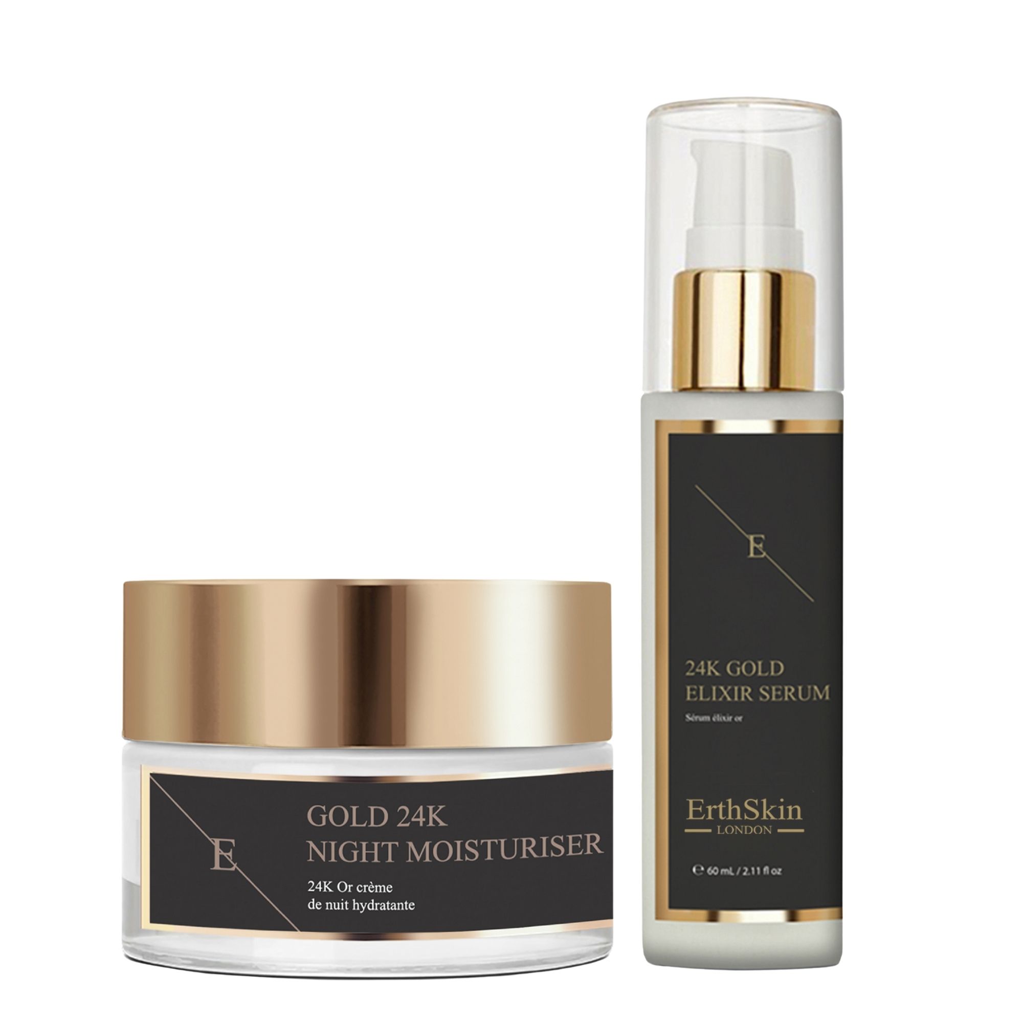 Deux produits cosmétiques dorés. Pot et flacon. Inscriptions: GOLD 24K NIGHT MOISTURISER, 24K GOLD ELIXIR SERUM. Marque: ErthSkin London.