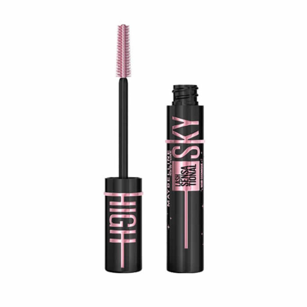 Mascara Maybelline Sky High noir avec brosse rose et inscriptions dorées.