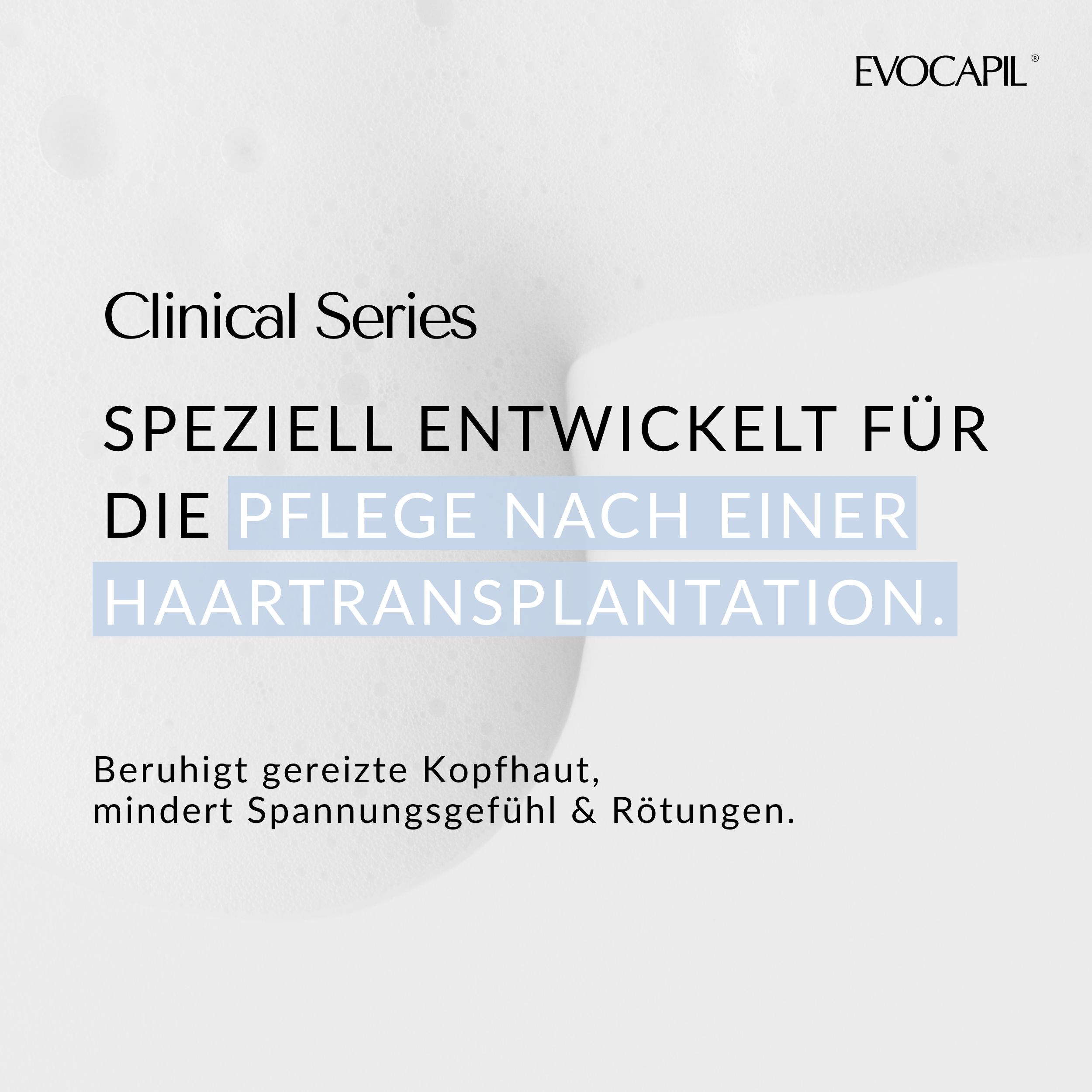 Tekst op blauwe achtergrond: Clinical Series. Speciaal ontwikkeld voor de verzorging na een haartransplantatie. Kalmeert de hoofdhuid.