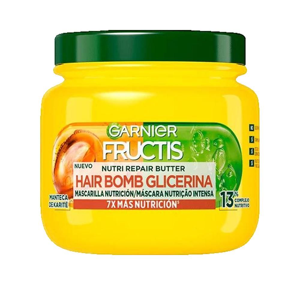 Pot jaune avec couvercle vert. Inscription: Garnier Fructis Hair Bomb Glicerina. Texte en espagnol.