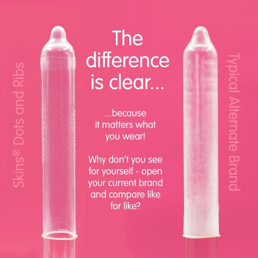 Twee transparante condooms, links SKINS Dots & Ribs met ribbels en nopjes, rechts ander merk.