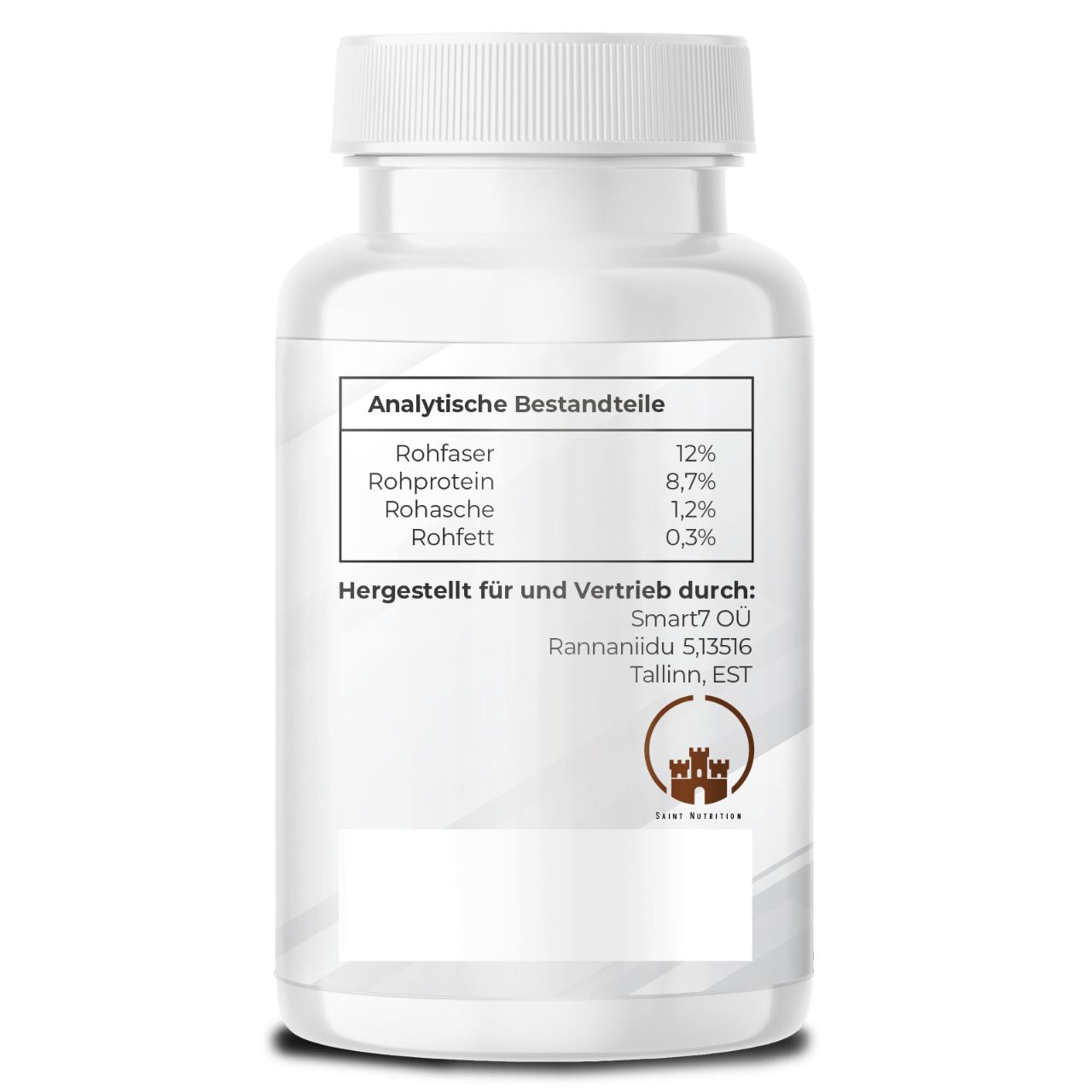 Achterkant van de fles. Tekst: Analytische bestanddelen, ruwe celstof, ruw eiwit, ruwe as, ruw vet.