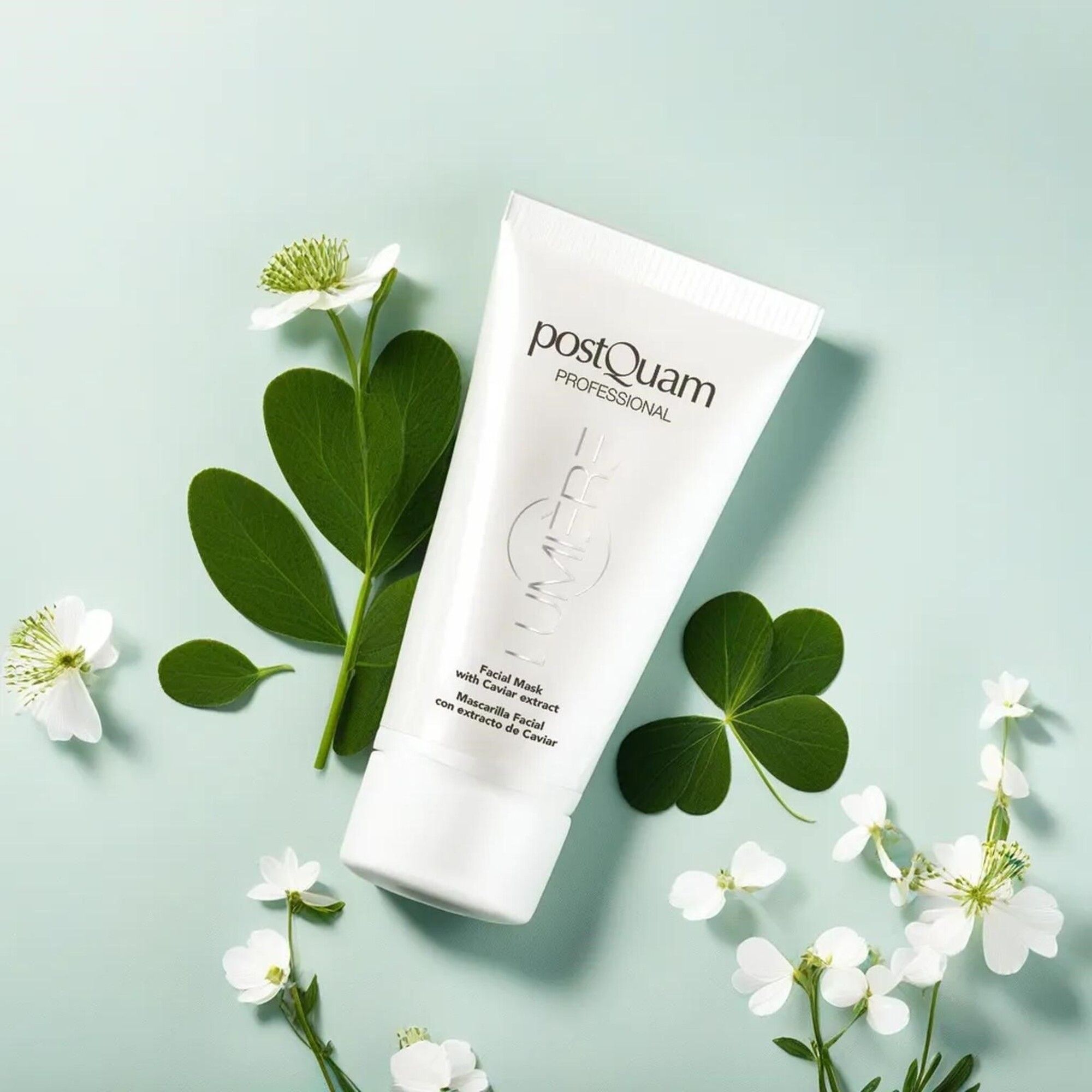 Witte tube op lichtblauwe achtergrond met bladeren en bloemen. Opschrift: Postquam Professional, Lumière, Facial Mask with Caviar extract.