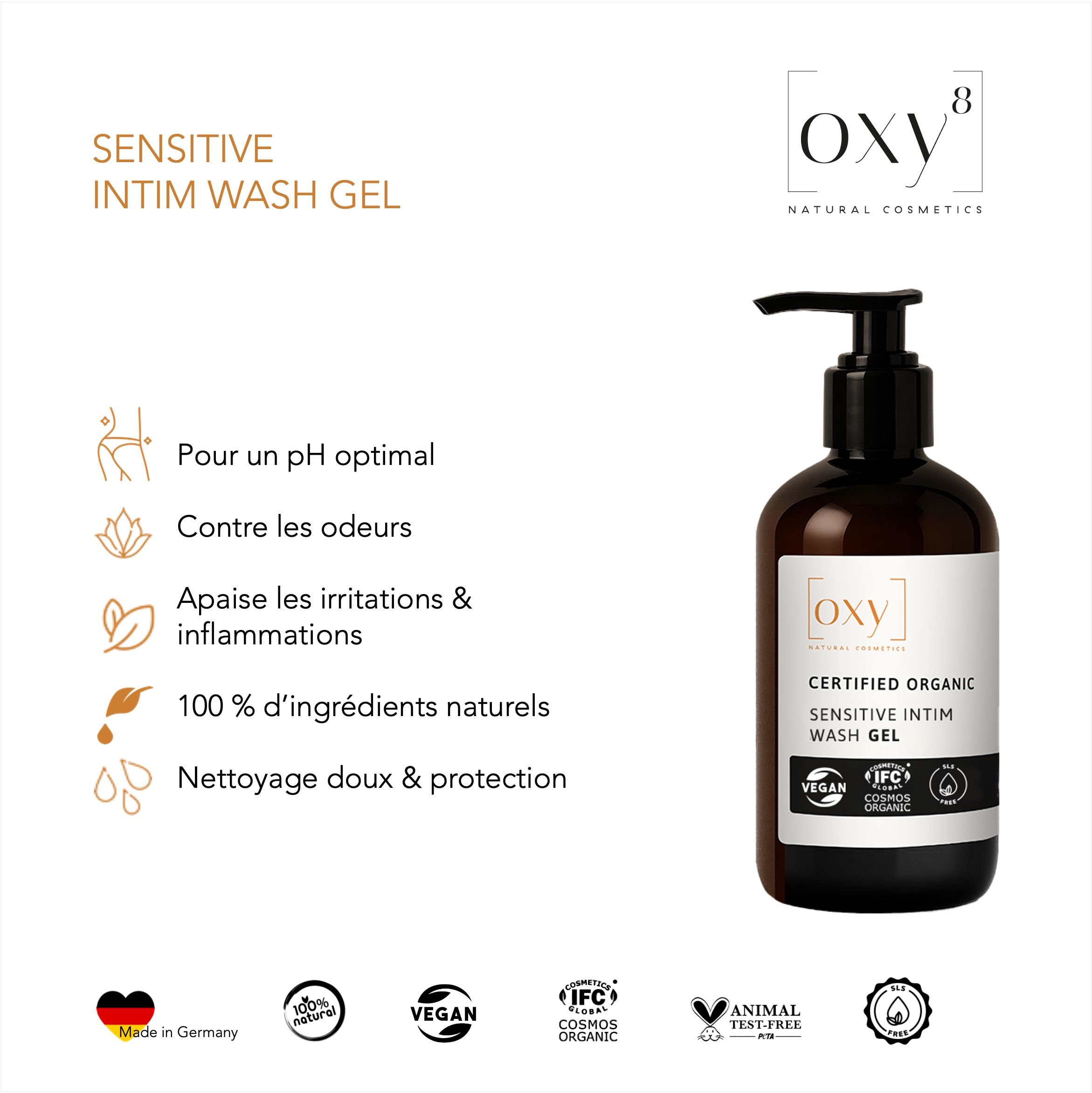 Flacon brun avec pompe noire. Étiquette avec informations produit. Labels végétalien et bio.