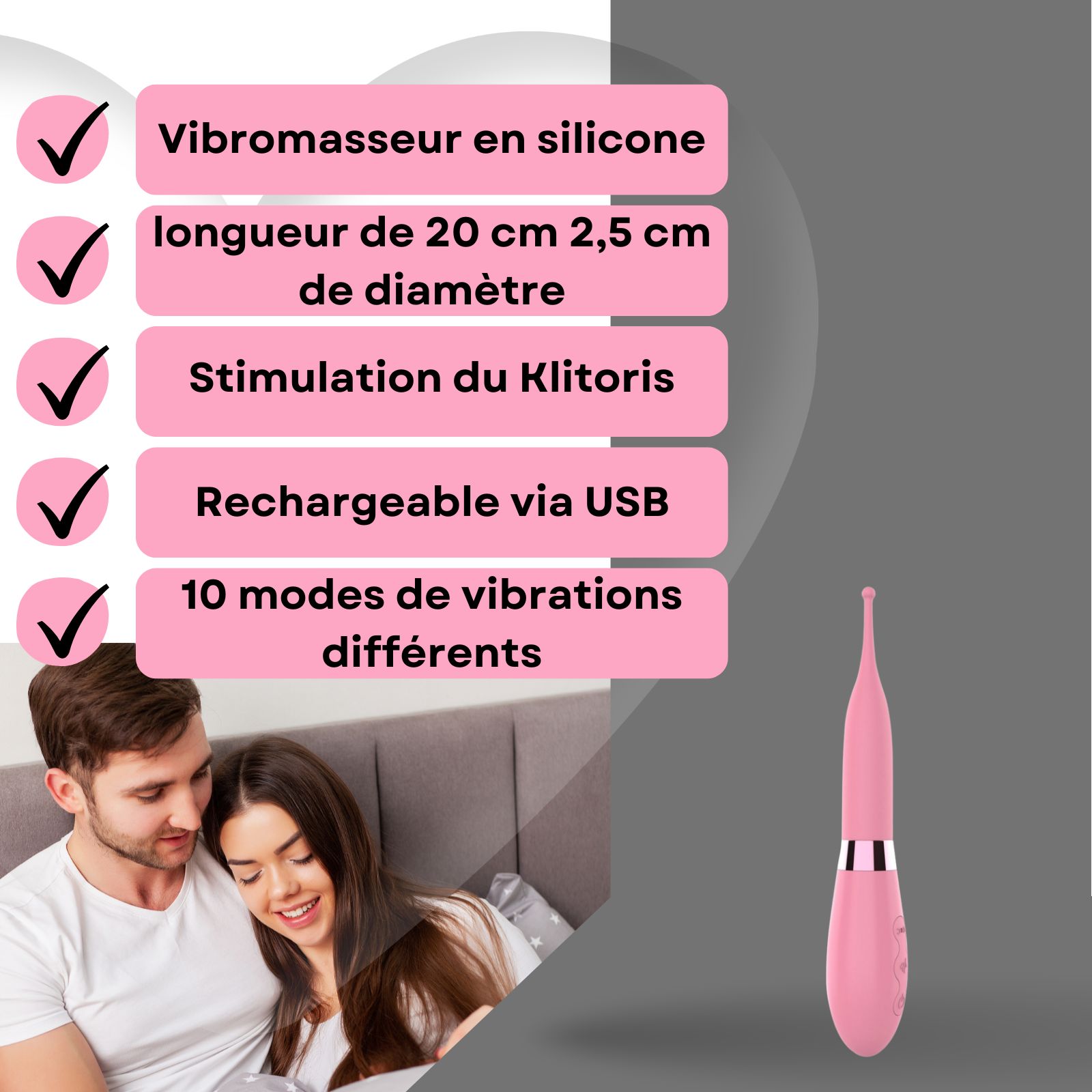 Vibrateur rose avec bille de stimulation. Silicone et ABS. 20cm long, 2,5cm diamètre. Rechargeable USB. 10 modes.